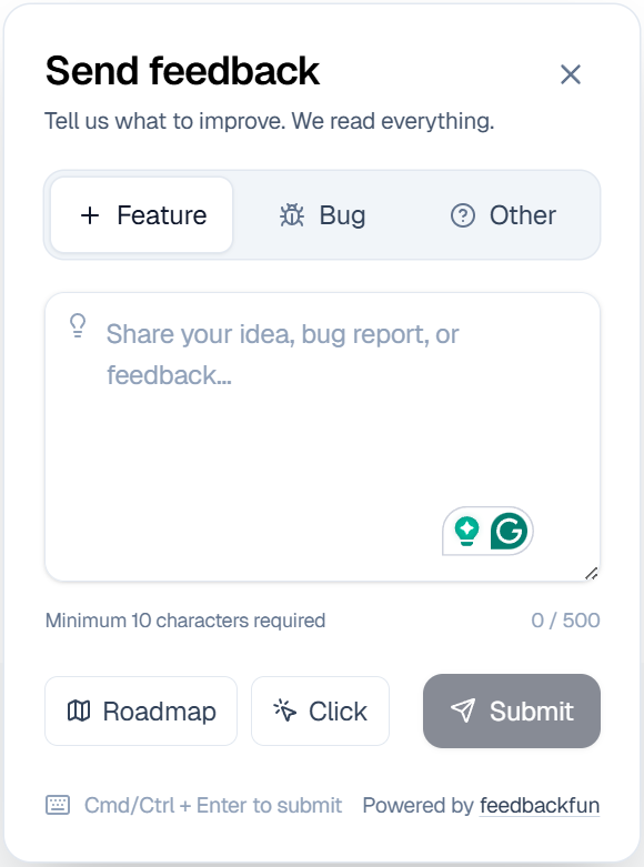 Click-anywhere feedback widget with feature, bug, and other options